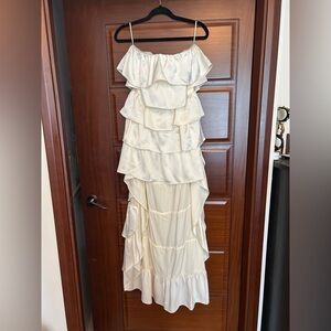 We Wore What Tiered Cream Ruffle High-Low Maxi Dress